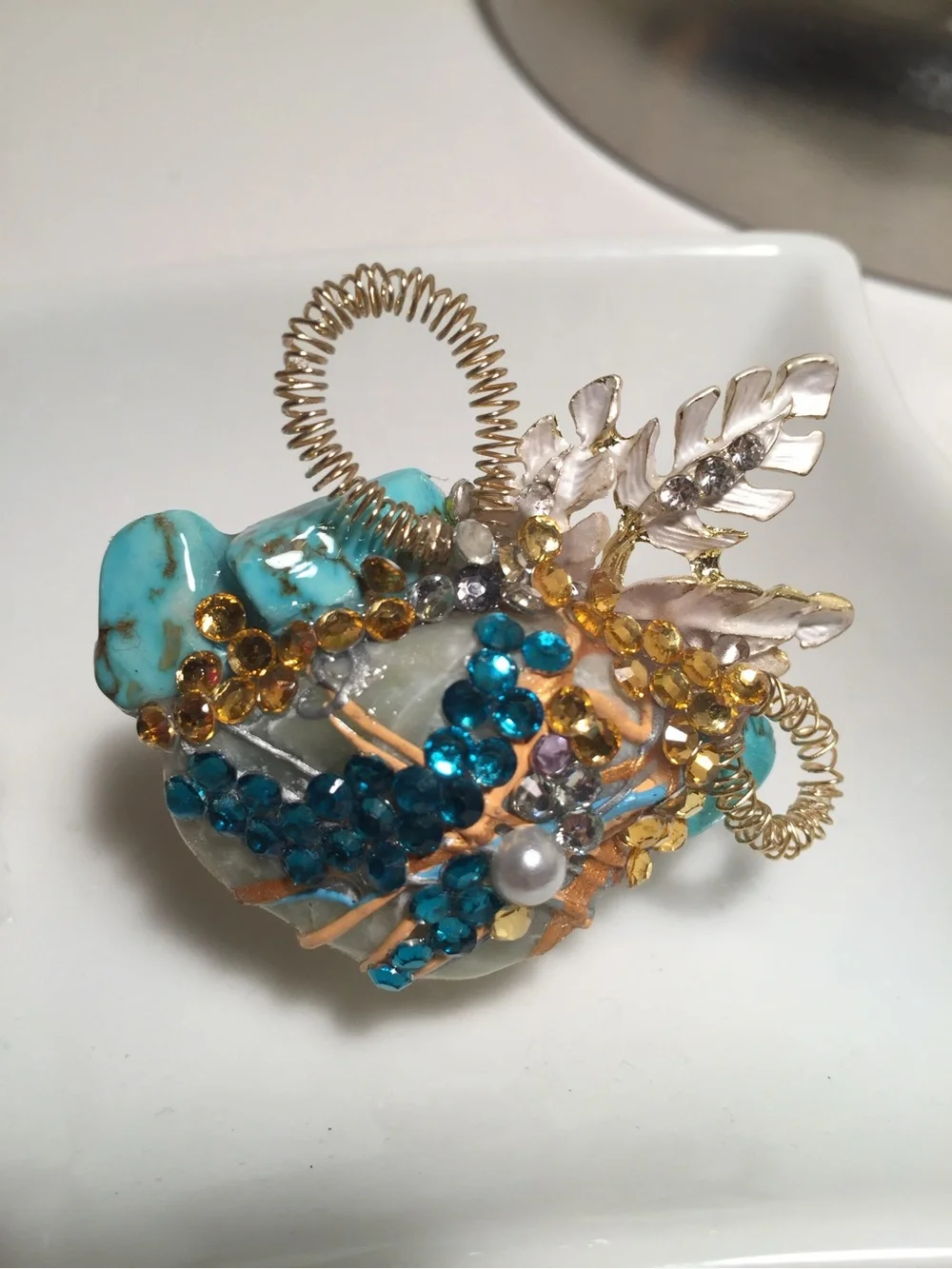 Turquoise & Gold Statement Cocktail Ring with Blue and Amber Crystals